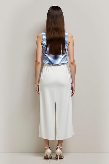 White Blue Bodycon Striped Tea Length Work Dress with Slit